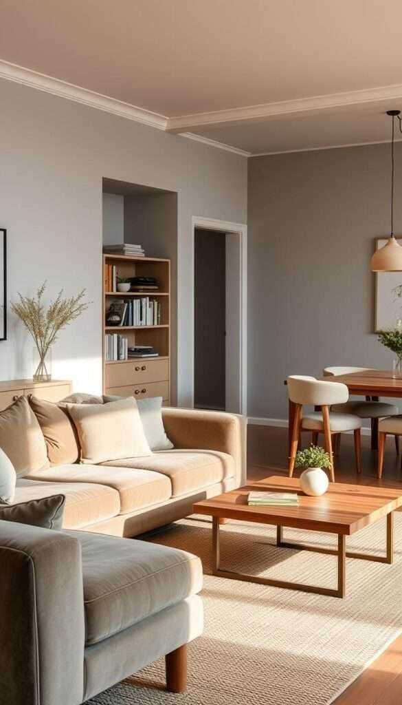 A serene living room with a muted color palette. Soft, earthy tones of sage, taupe, and muted blue create a calming ambiance. Indirect lighting casts a warm glow, accentuating the textures of natural materials - a plush velvet sofa, woven area rug, and wooden coffee table. In the background, a neutral-toned bookshelf and minimalist wall decor complement the overall aesthetic. An adjacent dining space features a wooden table surrounded by upholstered chairs in a complementary muted palette. The scene conveys a harmonious, relaxing atmosphere suitable for both living and dining functions.