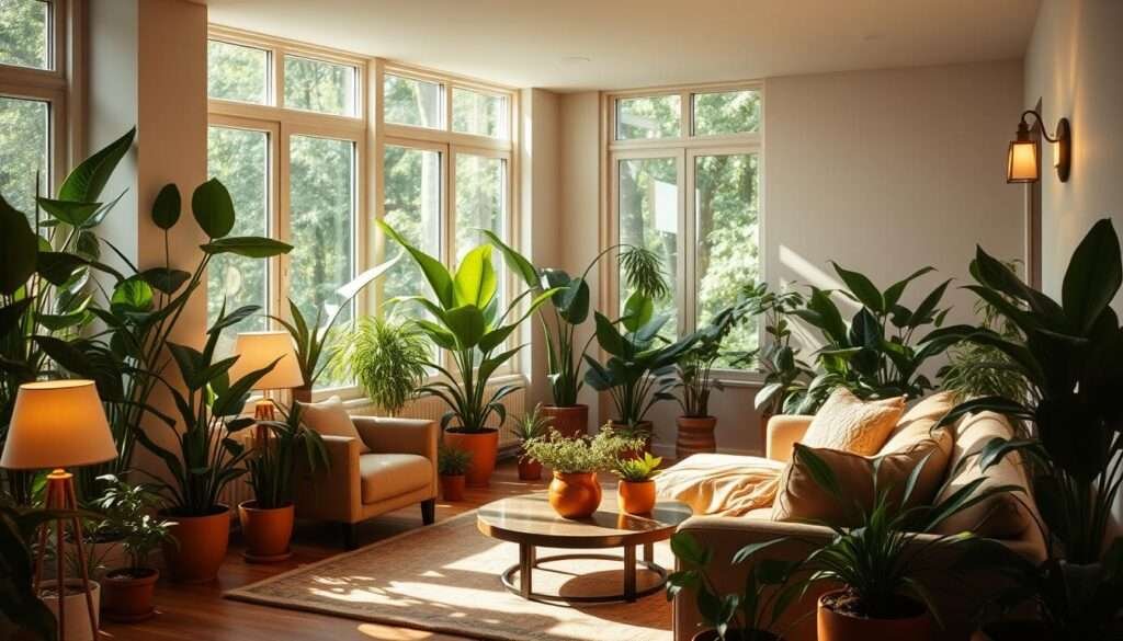 A serene living room with lush, verdant potted plants strategically placed throughout, casting a warm, natural glow. The vibrant foliage and earthy tones create a soothing, biophilic ambiance, drawing the eye to the tranquil scene. Soft, diffused lighting from floor lamps and sconces illuminate the space, casting gentle shadows that add depth and dimension. Plush, earthy-toned furnishings and textiles enhance the calming, nature-inspired feel, while large windows allow natural light to flood the room, blurring the boundaries between indoors and out. An overall sense of harmony, balance, and restorative serenity permeates the space.