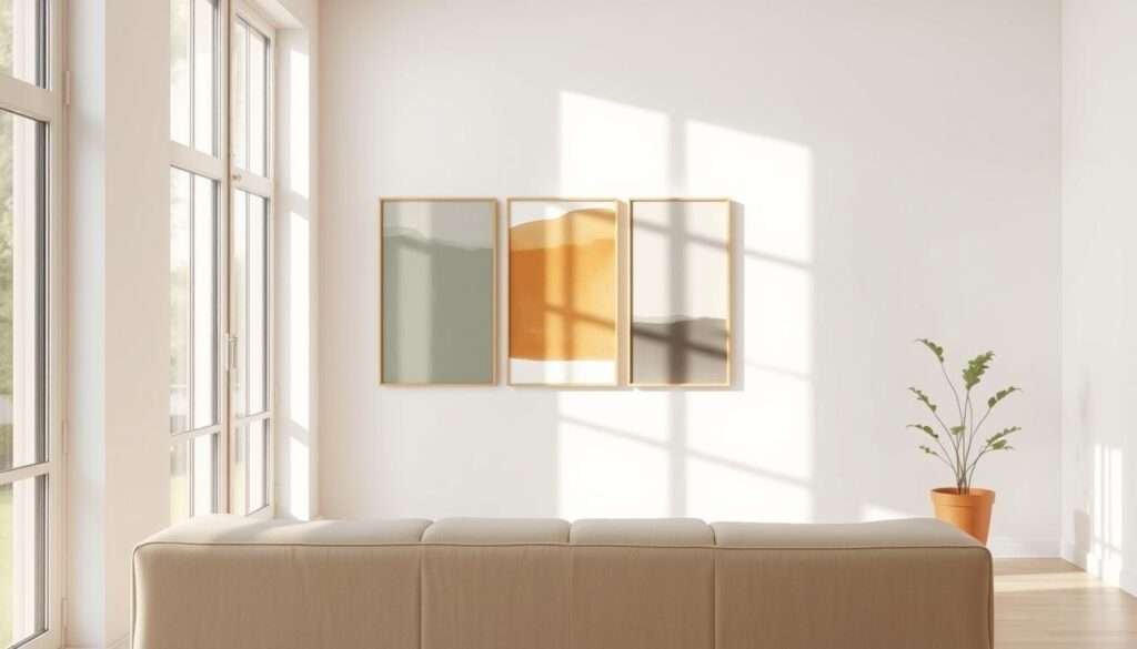 A serene, minimalist color palette of muted earth tones and soft neutral hues. In the foreground, a clean-lined sofa in a subtle beige, its simple silhouette accentuated by the warm glow of natural lighting streaming through large windows. The middle ground features a trio of abstract art pieces in a harmonious palette of sage, ochre, and soft gray, their geometric shapes echoing the linear design of the furniture. In the background, a pale white wall provides a calming backdrop, while a single potted plant in a terracotta planter adds a touch of organic greenery, completing the tranquil, pared-down aesthetic.