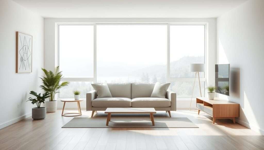 A serene, minimalist living room bathed in soft, diffused natural light. The space is uncluttered, with clean lines and a neutral color palette of whites, grays, and natural wood tones. A plush, low-profile sofa sits centered, flanked by simple end tables with potted plants. The room's focal point is a large, unadorned window framing a serene outdoor landscape. Understated, geometric wall art and a sleek, low-profile entertainment unit complete the tranquil, psychological atmosphere, encouraging focus, relaxation, and mindfulness.