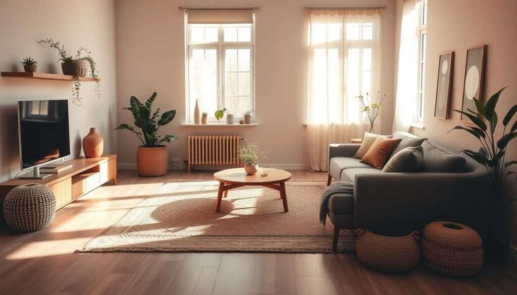 A serene, minimalist living room bathed in warm, natural light. Muted earth-toned fabrics and materials create a cozy, bohemian ambiance. A plush, natural fiber area rug grounds the space, complemented by clean-lined, modern furniture. Delicate, trailing plants cascade from wall-mounted shelves, adding a touch of organic elegance. Soft, diffused lighting casts a gentle glow, emphasizing the room's calming, inviting atmosphere. Neutral palette with subtle pops of color, reflecting the harmony of minimalist and boho design principles. Captured from a slightly elevated angle to showcase the balanced, harmonious layout.
