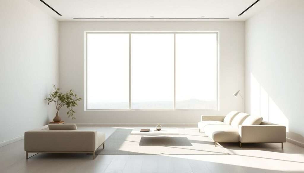 A serene, minimalist living room setting with a focus on negative space. Soft, diffused natural lighting floods the airy, uncluttered interior, casting subtle shadows and highlights. The room features clean, geometric lines and a muted color palette, emphasizing the beauty of empty space. A large, bare window frames the outdoor landscape, creating a harmonious interplay between the indoors and outdoors. Sleek, minimalist furniture pieces are strategically placed, allowing the negative space to take center stage and guide the viewer's eye. The overall atmosphere is one of tranquility, simplicity, and a sense of thoughtful, intentional design.