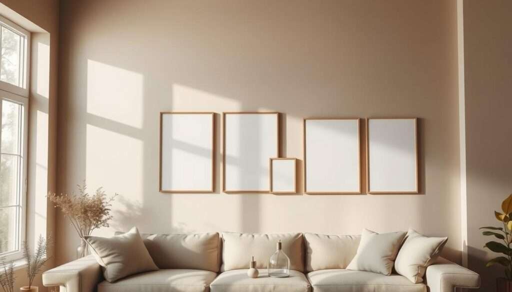A serene, minimalist living room wall with a simple, elegant arrangement of frames in various shades of neutral tones. Soft, natural lighting filters in through large windows, creating a calming atmosphere. The frames are positioned in a balanced, asymmetrical layout, drawing the eye to the subtle interplay of shapes and textures. The wall itself is painted in a muted, earthy tone, allowing the frames to take center stage. The overall effect is one of understated sophistication, where the absence of clutter and the careful curation of elements create a sense of psychological well-being and mindfulness.