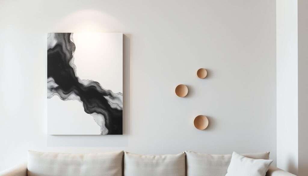 A serene, minimalist living room wall with clean-lined, geometric wall decor elements. In the foreground, a large, abstract, black-and-white canvas print hangs centered on the wall, casting soft, directional lighting. In the middle ground, several small, circular wall-mounted sculptures made of natural materials like wood or stone are arranged in an asymmetric, balanced composition. The background features a plain, muted-tone wall with a subtle, textured finish, allowing the minimalist decor pieces to take center stage. The overall mood is one of elegant simplicity, tranquility, and understated sophistication.