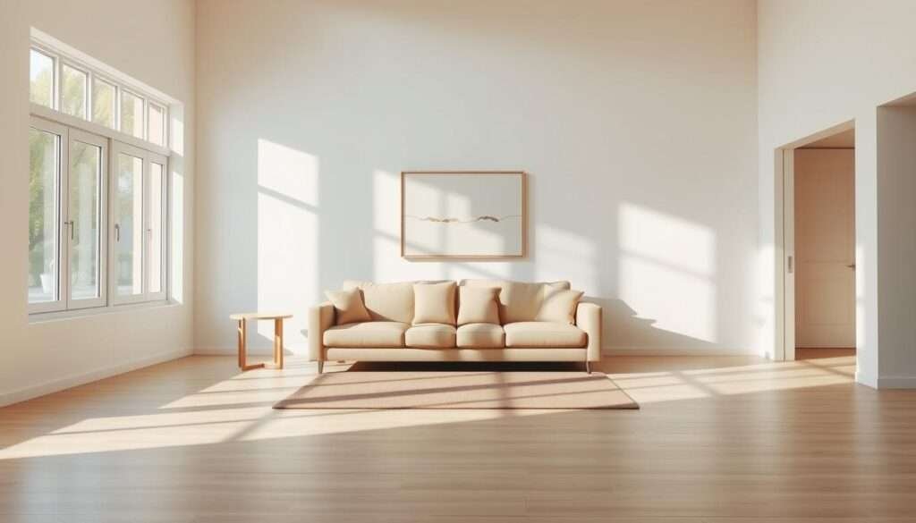 A serene, minimalist living room with a balanced, open layout. Sunlight streams through large windows, casting a warm glow on the clean, uncluttered space. A plush, neutral-toned sofa anchors the room, flanked by a pair of minimalist side tables. The floor is covered in a sleek, light-colored wood, accented by a simple area rug. The walls are adorned with a single, abstract piece of art, creating a focal point without disrupting the overall sense of tranquility. The lighting is soft and diffused, creating a calming ambiance that invites relaxation. The room exudes a sense of harmony and intentional design, reflecting the essence of minimalist living.