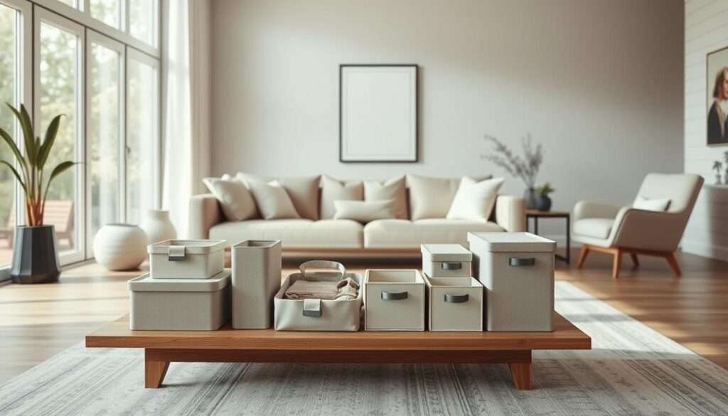 A serene, minimalist living room with clean lines and muted tones. In the foreground, a collection of simple, elegant storage containers and organizers neatly arranged on a wooden coffee table, showcasing decluttering strategies. In the middle ground, a plush, neutral-colored sofa and accent chairs create a cozy, inviting atmosphere. The background features large windows allowing natural light to flood the space, illuminating the room with a soft, warm glow. The overall mood is one of calm, order, and a sense of intentional, lasting minimalism.