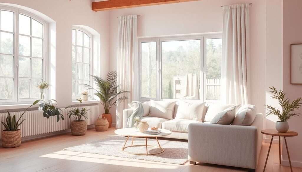 A serene, pastel-hued color palette that reflects soft, natural light beautifully. A harmonious blend of muted, airy tones - pale pink, lavender, baby blue, and soft sage green - creates a calming, light-filled atmosphere. Sunlight filters in through large windows, casting a warm, diffused glow across the scene. Plush, textured furnishings like a velvet sofa and linen curtains add to the cozy, inviting ambiance. Subtle plant life and natural wood accents ground the palette in an earthy, organic aesthetic. The overall effect is one of tranquility, serenity, and a sense of lightness that uplifts the spirit.