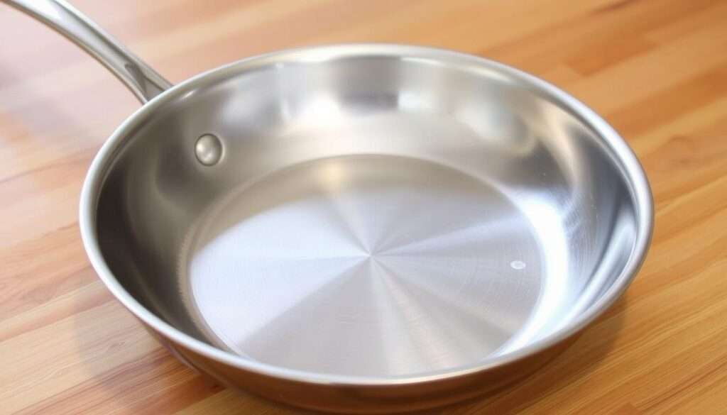 A shiny, metallic pan sits atop a smooth, wooden surface, reflecting the warm, overhead lighting. The pan is angled slightly, revealing its curved, sloped sides and a flat, circular cooking surface. The pan's surface is clean and unmarked, ready to sear, sauté, or simmer a delicious meal. The background is softly blurred, creating a focus on the pan's form and function, emphasizing its importance as a kitchen essential for the easy, 30-minute Creamy Garlic Parmesan Chicken Pasta dish.