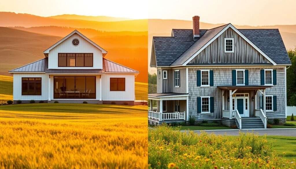 A side-by-side comparison of a modern and traditional farmhouse, set against a soft, golden-hour landscape. In the foreground, the modern farmhouse features clean lines, large windows, and a sleek, neutral color palette. The traditional farmhouse stands beside it, with a weathered, wooden exterior, a pitched roof, and classic farmhouse details like shutters and a wrap-around porch. The middle ground showcases lush, rolling hills, dotted with vibrant wildflowers. The background is bathed in a warm, amber glow, creating a cozy, inviting atmosphere. The image captures the essence of the design, color, and decor differences between these two farmhouse styles.