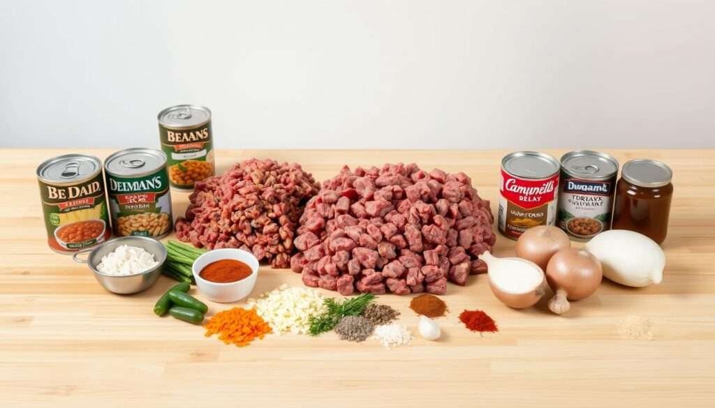 A simple, clean-lined wooden table under soft, diffuse lighting, with an organized arrangement of various ingredients for a Hobo Casserole recipe - a pile of ground beef, cans of beans and tomatoes, onions, garlic, spices, and other essential components. The ingredients are precisely measured and positioned, showcasing their individual textures and colors. The layout conveys a sense of culinary expertise and attention to detail, perfectly suited to illustrate the "Exact Ingredients" section of the article.