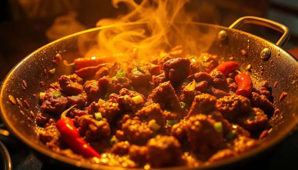 A sizzling wok filled with glistening Korean ground beef, surrounded by a swirling haze of aromatic spices. Fiery-red chili peppers add a burst of heat, while a shower of scallions and garlic provide a savory balance. Warm, golden lighting casts a cozy glow, creating an inviting atmosphere. The camera angle is low, emphasizing the depth and richness of the dish. Dramatic shadows dance across the scene, heightening the sense of intensity and passion. A palpable sense of energy and excitement radiates from the frame, capturing the essence of "Big Flavor with Minimal Effort".