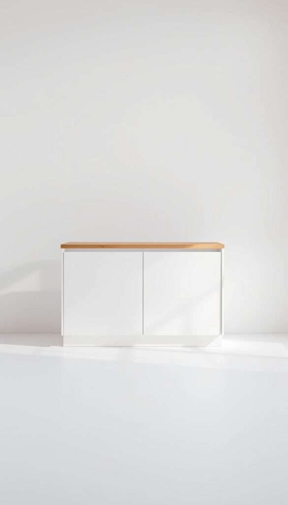 A sleek and minimalist white cabinet with a natural wood tone countertop, set against a backdrop of clean, bright lighting. The flat-panel design creates a streamlined, Scandinavian-inspired look, emphasizing functionality and simplicity. The cabinet has a smooth, matte finish, accentuating the contrast between the white and wood tones. The overall composition is balanced, with the cabinet occupying the central focus, surrounded by ample negative space to create a sense of zen-like calm. The lighting is soft and diffused, casting a warm glow that enhances the natural beauty of the materials. The angle of the shot is slightly elevated, offering a clear view of the cabinet's clean lines and thoughtful design.