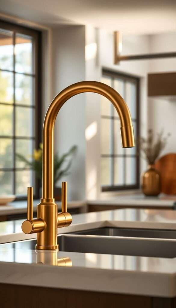 A sleek, brushed gold pull-down faucet with a matching pot filler stands elegantly in a bright, modern kitchen. The faucet's smooth, polished surface reflects the warm, natural light filtering in from large windows, creating a cozy, inviting atmosphere. The faucet's graceful arc and minimalist design add a touch of sophistication, elevating the kitchen's overall aesthetic. The pot filler, positioned conveniently above the stovetop, completes the ensemble, seamlessly blending form and function. The entire scene is captured from a slightly elevated angle, showcasing the faucet's striking presence and the kitchen's harmonious interplay of materials and textures.