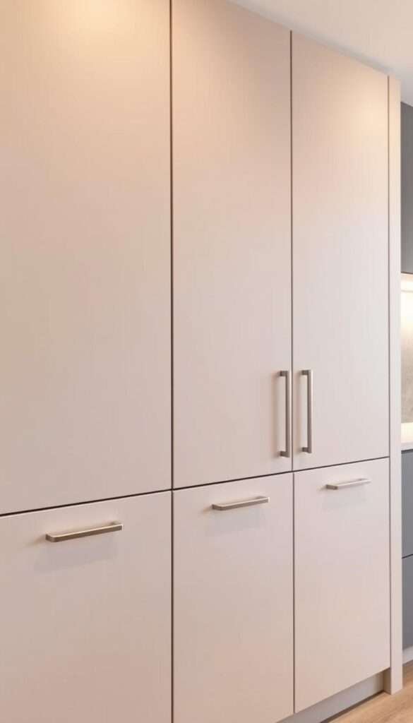 A sleek, minimalist kitchen with handleless cabinets featuring integrated finger pulls. The cabinets are constructed with a smooth, matte-finish material, creating a clean, unified look. The recessed finger pulls seamlessly blend into the cabinet design, emphasizing the uncluttered, streamlined aesthetic. The lighting is soft and diffused, casting a warm, even glow that highlights the simple elegance of the cabinets. The camera angle captures the cabinets from a slightly elevated perspective, showcasing their uninterrupted, linear profiles and the overall sense of efficiency and organization in the space.