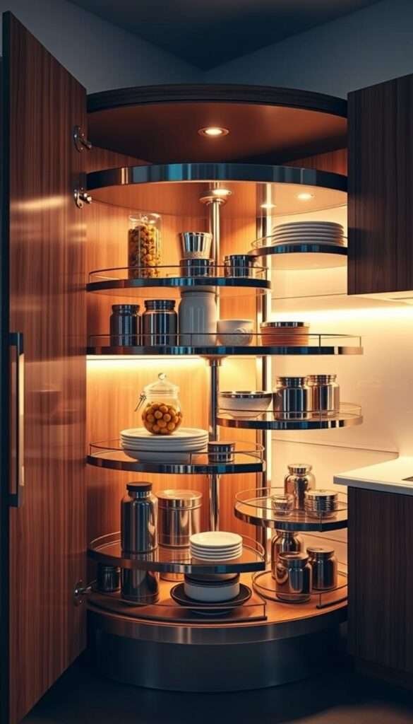 A sleek, modern 360-degree corner cabinet organizer with adjustable trays, bathed in warm, soft lighting. The unit's chrome hardware gleams against a rich wood grain finish, creating a premium, high-end aesthetic. The shelves are arranged in a circular layout, maximizing storage space and accessibility. Various sized trays slide in and out seamlessly, allowing for customizable organization of kitchen items. The camera captures the organizer at a slight angle, showcasing its efficient space-saving design and the contents neatly arranged on the tiered shelves. An aura of efficiency and elegant practicality emanates from the scene.