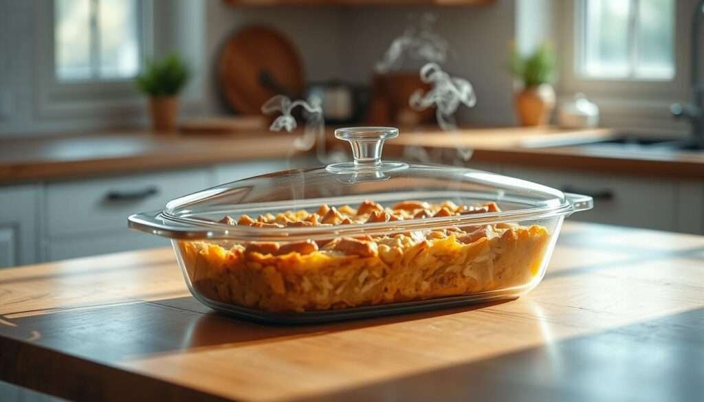 A sleek, modern casserole dish with a gleaming glass lid, set atop a wooden table in a bright, airy kitchen. The dish is filled with a savory, bubbling casserole, the steam rising in wisps. Soft, diffused lighting creates a warm, inviting atmosphere, highlighting the dish's clean lines and the rich, earthy tones of the wood. The scene is captured at a slight angle, emphasizing the depth and texture of the casserole's contents. The overall impression is one of practicality, functionality, and the comforting appeal of a homemade meal.