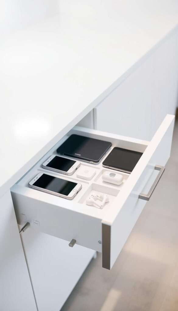 A sleek, modern drawer unit with neatly labeled compartments for charging various electronic devices. The drawer is set against a minimalist, white backdrop, highlighting the efficiency and organization of the storage solution. Soft, diffused lighting casts a gentle glow, creating a soothing ambiance. The drawer's front panel features a grid of labeled sections, each with a simple icon denoting the type of device it holds - smartphones, tablets, earbuds, and more. The drawer's edges are trimmed in a subtle, brushed metal accent, adding a touch of sophistication. The overall impression is one of a practical, well-designed storage system that seamlessly integrates into a tidy, organized kitchen environment.