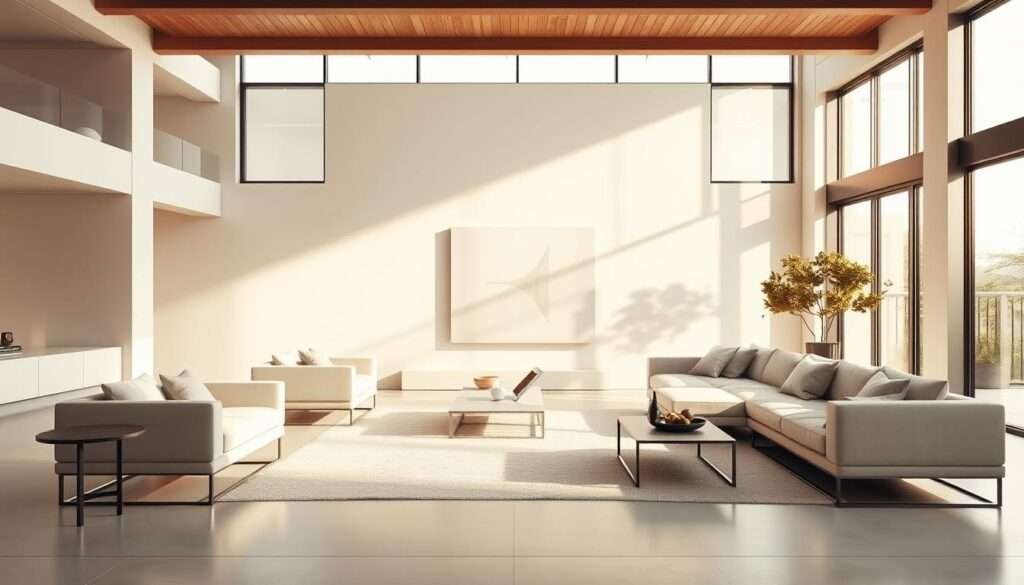 A sleek, modern living room in neutral tones. Minimalist furnishings and clean lines dominate the foreground, conveying a sense of calm and sophistication. The middle ground features a large, minimalist artwork or sculptural piece that serves as the focal point, casting soft shadows on the walls. The background is bathed in warm, natural light filtering through large windows, creating a serene and airy atmosphere. The overall composition exudes a harmonious balance between form, function, and tranquility, embodying the essence of a minimalist design transformation.