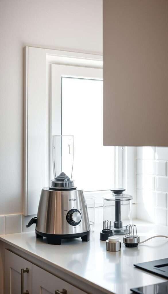 A sleek, stainless steel multi-functional kitchen appliance rests on a compact countertop in a bright, airy kitchen. The appliance features multiple attachments and settings, allowing it to serve as a blender, food processor, and mixer in a single device. Soft, diffused lighting from a large window casts gentle shadows, highlighting the appliance's modern, minimalist design. The kitchen's clean, white cabinets and tile backsplash provide a simple, uncluttered backdrop, emphasizing the appliance's central role in the space. The overall scene conveys a sense of efficiency and organization, perfectly suited for a tiny kitchen where every inch of counter space is precious.