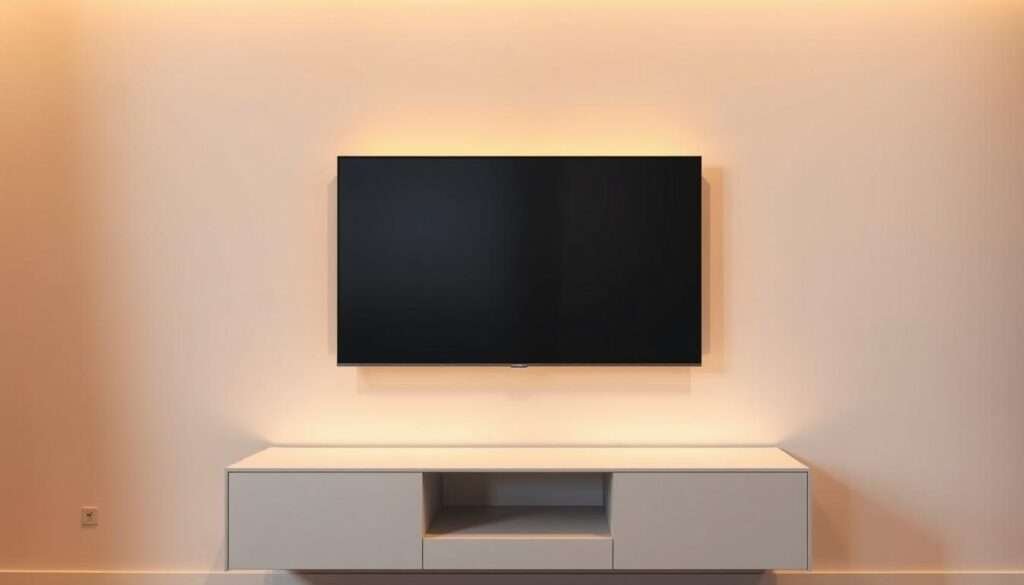 A sleek, wall-mounted television set, its slim profile complemented by a minimalist console cabinet positioned beneath. Warm, diffused lighting casts a soft glow, accentuating the clean lines and smooth textures of the display and storage unit. The setup is framed by a neutral, uncluttered backdrop, allowing the television and console to take center stage and create a harmonious, visually-appealing focal point. The overall atmosphere evokes a sense of modern sophistication and efficient space utilization, perfectly suited for a minimalist living room design.