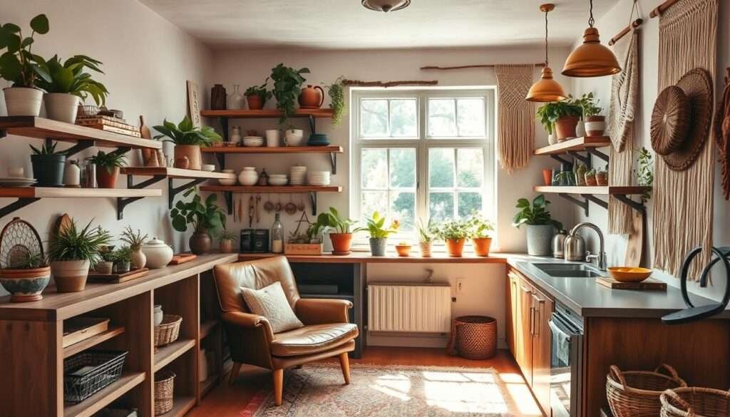 A small, cozy boho kitchen with natural light pouring in through a large window, showcasing a vibrant, eclectic blend of textures and colors. Rustic wooden shelves display an array of potted plants, handcrafted ceramics, and vintage-inspired kitchenware. A worn leather armchair sits in the corner, inviting relaxation. Patterned textiles, such as a woven area rug and macrame wall hangings, add warmth and character to the space. Brass hardware and pendant lighting fixtures glimmer, complementing the earthy tones and bohemian flair. The overall atmosphere is one of welcoming simplicity, where form and function seamlessly intertwine in a visually captivating way.