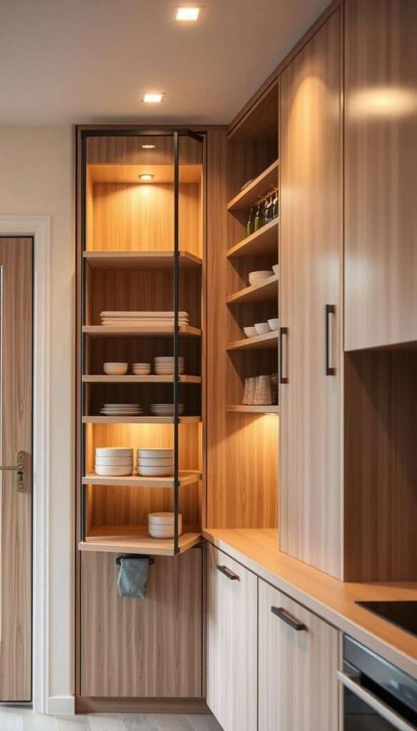 A small kitchen interior with a vertical storage unit featuring pull-down mechanisms. The unit spans the full height of the wall, maximizing vertical space. Shelves and cabinets are arranged in a sleek, minimalist design, allowing for efficient organization and easy access to items. Warm, diffused lighting from overhead fixtures casts a cozy glow, highlighting the natural wood tones and muted colors of the kitchen. The angle captures the unit in profile, showcasing its practical functionality within the compact space. The overall mood is one of thoughtful, space-saving design that enhances the kitchen's utility.