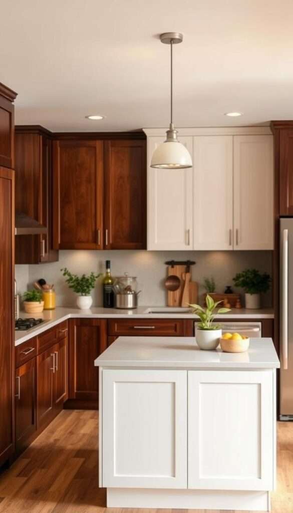 A small, well-lit kitchen with a central island showcasing a side-by-side comparison of light and dark cabinetry. In the foreground, sleek white cabinets with a clean, minimalist design contrast against deep, rich mahogany cabinets. Warm, diffused lighting from overhead fixtures creates a cozy, inviting atmosphere, highlighting the natural textures and tones of the wood. The middle ground features an assortment of kitchen accessories, utensils, and plants, adding pops of color and visual interest. The background blurs into a softly-lit, neutral-toned wall, allowing the cabinets to take center stage. The composition emphasizes the visual impact and practical considerations of balancing light and dark tones in a small kitchen layout.