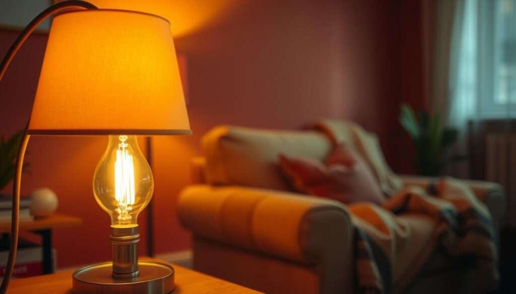 A soft, warm glow illuminates a cozy living room, casting a comforting ambiance. The camera captures the scene through a wide-angle lens, showcasing the interplay of light and shadow. In the foreground, a table lamp with a dimmed, incandescent bulb casts a golden hue, evoking a sense of tranquility. The middle ground features a plush armchair and a cozy throw blanket, inviting the viewer to sink into the comforting space. In the background, the walls are bathed in a subtle, reddish-orange hue, creating a harmonious and inviting atmosphere. The lighting is carefully balanced, with highlights and shadows accentuating the textures and materials of the room, fostering a sense of coziness and relaxation.
