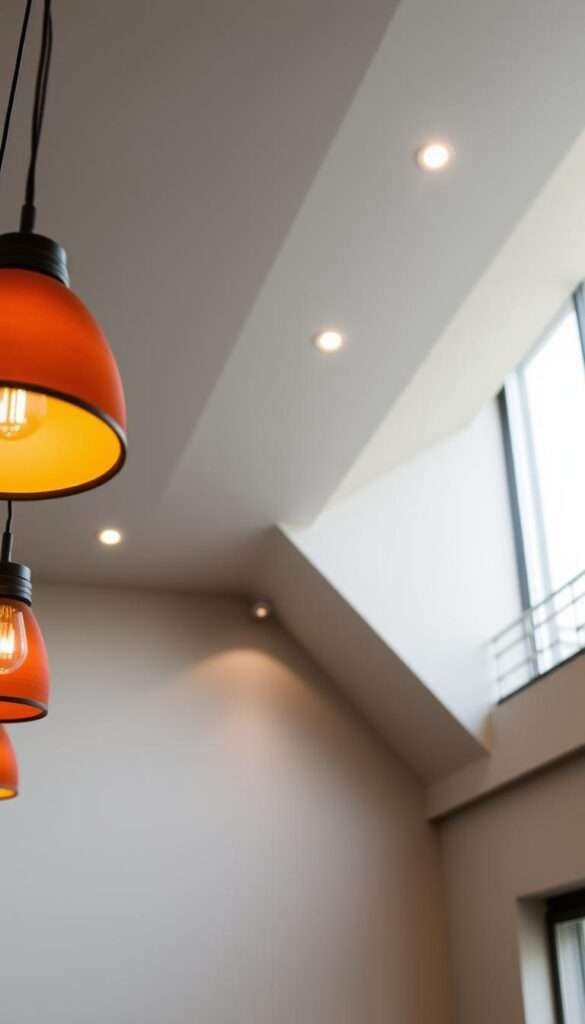 A softly lit interior with a layered lighting plan, featuring a muted color palette. In the foreground, a series of decorative pendant lights cast a warm, diffused glow, their shades in earthy tones of ochre and terracotta. The middle ground showcases recessed ceiling lights, their beams highlighting the textured walls in subtle shades of sage and stone. In the background, a large window allows natural daylight to filter in, creating a serene and tranquil atmosphere. The overall lighting scheme is designed to enhance the calming ambiance, perfectly complementing the soothing color scheme.