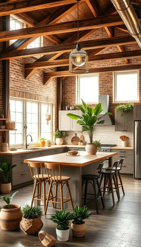 A spacious, airy kitchen bathed in warm, natural light filtering through large windows. Rustic wood beams and exposed brick walls create a cozy, farmhouse ambiance, blending seamlessly with sleek, modern cabinetry in muted tones. A central island with a butcher block countertop provides ample prep space, surrounded by mismatched vintage-inspired barstools. Eclectic decor accents, such as macrame plant hangers and woven baskets, add a touch of boho flair. Lush, verdant plants in ceramic pots bring the outdoors in, while a vintage-style pendant light fixture casts a soft, ambient glow over the entire scene. Overall, a harmonious fusion of modern and rustic elements, creating a warm, inviting, and stylish kitchen space.