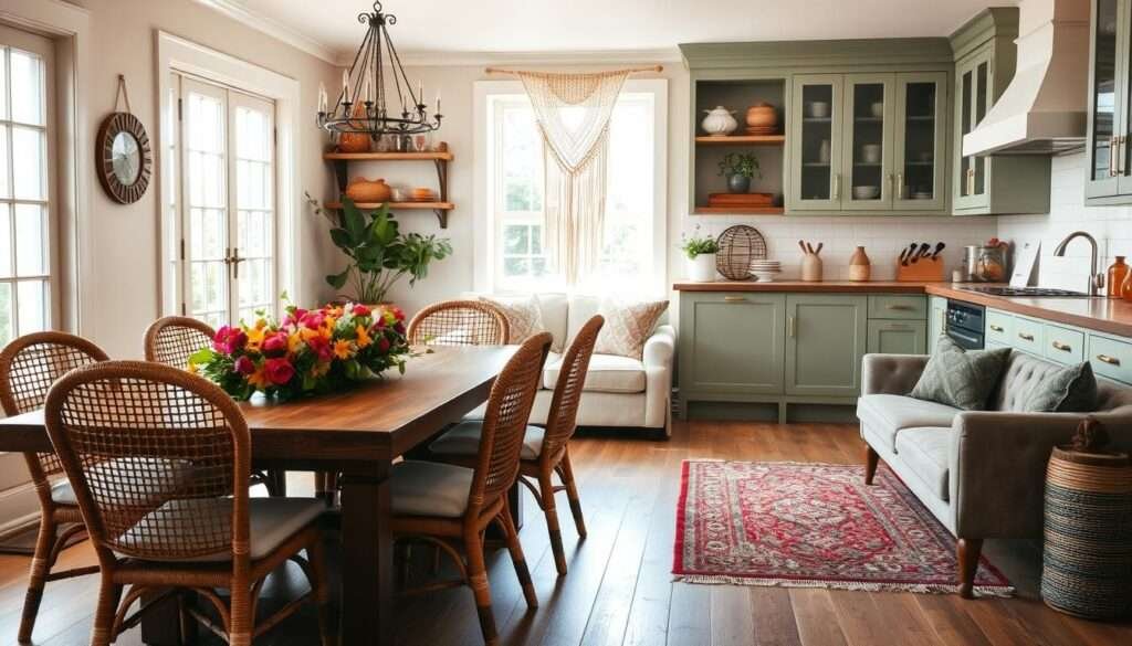 A spacious and inviting boho-chic kitchen with warm natural lighting streaming through large windows. The foreground features a rustic wooden dining table adorned with a vibrant floral centerpiece, surrounded by rattan chairs with plush cushions. The middle ground showcases a cozy seating area with a plush velvet sofa, complemented by a macrame wall hanging and a vintage area rug. In the background, the kitchen cabinets are a soft sage green, accented by brass hardware and open shelves displaying an eclectic mix of ceramic planters, woven baskets, and vintage cookware. The overall atmosphere is relaxed, cozy, and effortlessly stylish.