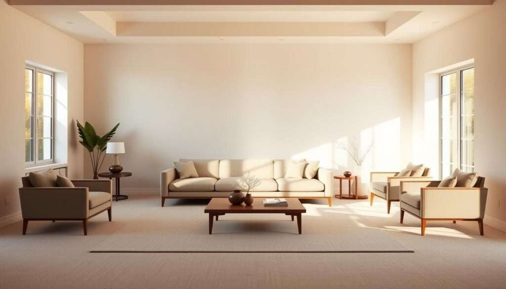 A spacious and minimalist living room with a large, low-profile sofa as the focal point. The room is bathed in warm, natural light streaming through large windows, creating a serene and airy ambiance. The sofa is positioned against a plain, white wall, allowing it to take center stage. Complementary armchairs and a coffee table are arranged in a conversational layout, promoting a sense of openness and flow. The overall palette is muted, with subtle textures and clean lines that emphasize the room's simplicity and elegance. The image captures the essence of "less is more" in small-space living, showcasing how a few well-chosen, large-scale furniture pieces can maximize functionality and visual impact.