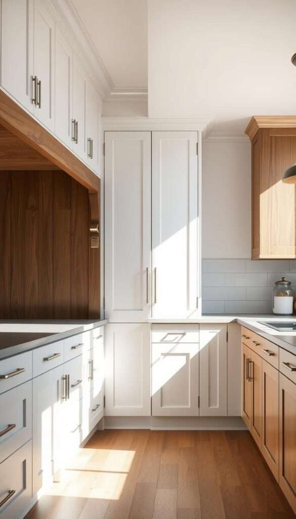 A spacious kitchen with two side-by-side vignettes. On the left, pristine white cabinets with a slight sheen, showcasing the wear and tear of daily use - subtle chips, faded paint, and worn edges. Contrasting on the right, sturdy stained wood cabinets with a rich, earthy tone, their robust construction and visible grains conveying a sense of enduring functionality. Natural light filters in, casting soft shadows that accentuate the textures. The overall scene strikes a balance between aesthetic appeal and practical considerations, guiding the viewer to contemplate the trade-offs between form and function in kitchen design.