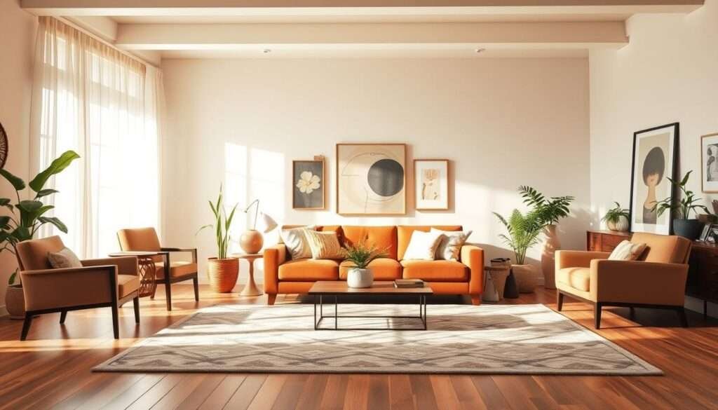 A spacious living room filled with warm, inviting tones and a mix of classic and contemporary furniture pieces. The focal point is a large, plush sofa in a deep, rich color that anchors the space. Surrounding it are a pair of armchairs and a sleek, low-profile coffee table. Vibrant houseplants and artful decor add pops of color and texture, creating a harmonious balance between minimalist and maximalist elements. The room is bathed in soft, natural light filtering through sheer curtains, casting a cozy glow throughout. Hardwood floors and a large, patterned area rug ground the scene, evoking a sense of comfort and tranquility. The overall mood is one of sophistication and relaxation, inviting the viewer to imagine themselves nestled in this serene, thoughtfully-designed living room.