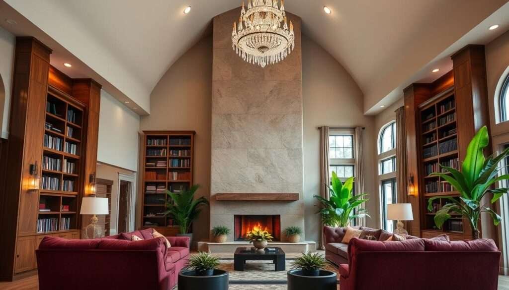 A spacious living room with soaring ceilings and a grand, oversized fireplace as the focal point. Plush, high-backed sofas and armchairs in rich, jewel-toned fabrics create an inviting seating area. Tall bookshelves flank the fireplace, reaching up towards the vaulted ceiling. Warm, indirect lighting from sconces and a large, crystal chandelier casts a cozy glow throughout the space. Lush, verdant potted plants add pops of greenery, balancing the grand scale. The room exudes an air of refined elegance and comfortable sophistication.