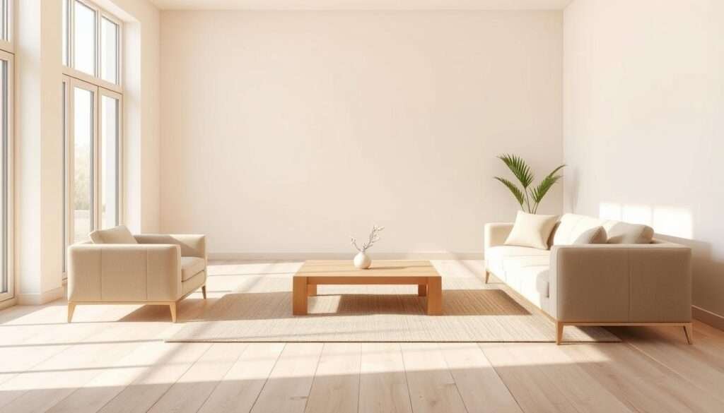 A spacious minimalist living room with clean-lined furniture and a harmonious, calming atmosphere. The room is flooded with soft, natural light streaming through large windows, casting a warm glow on the pale wooden floors and simple, geometric seating. In the foreground, a low-profile sofa and armchair in neutral tones, their crisp silhouettes accentuated by the indirect lighting. In the middle ground, a sleek, rectangular coffee table in a matching light wood finish. The background features bare walls in a soothing, off-white hue, creating a serene, uncluttered environment that emphasizes the beauty of the carefully selected furnishings. An elegant, minimalist sanctuary that embodies modern, relaxed living.