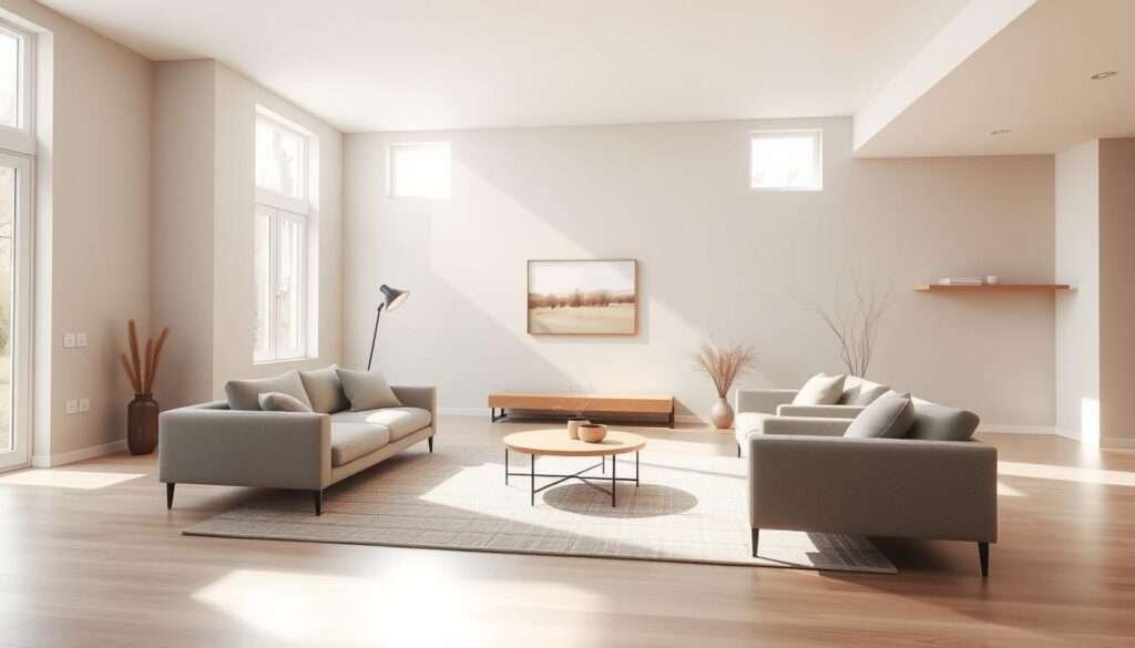 A spacious, open-concept minimalist living room with a muted color palette and clean, geometric lines. Sunlight streams in through large windows, casting a warm, natural glow across the space. A sleek, low-profile sofa and matching armchair in soft grays or beiges sit atop a textured, neutral-toned area rug. Minimalist wall decor, such as a single abstract canvas or floating shelves, adds subtle visual interest. The room is anchored by a simple, wooden coffee table and complemented by minimalist lighting fixtures, perhaps a suspended pendant or recessed ceiling lights. An overall sense of simplicity, balance, and functional elegance pervades the space.