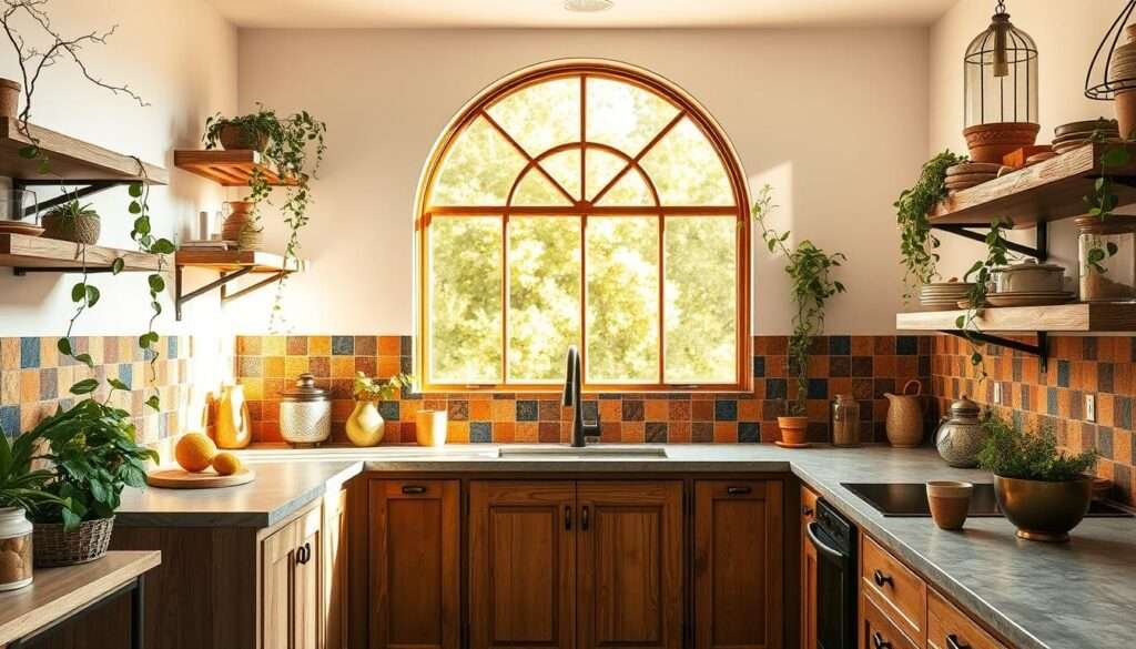 A spacious, sun-drenched boho kitchen with a stunning backsplash. The backsplash features a mosaic of earthy, handcrafted tiles in warm terracotta, mustard, and indigo hues, creating a vibrant, textural display. Delicate trailing vines and leafy greenery spill over the edges, adding a lush, natural touch. Rustic wood shelves and cabinets in a weathered finish complement the bohemian aesthetic, while a large arched window floods the space with golden natural light. The overall scene exudes a relaxed, inviting atmosphere, perfectly capturing the fusion of rustic and bohemian elements that define this stylish boho kitchen.