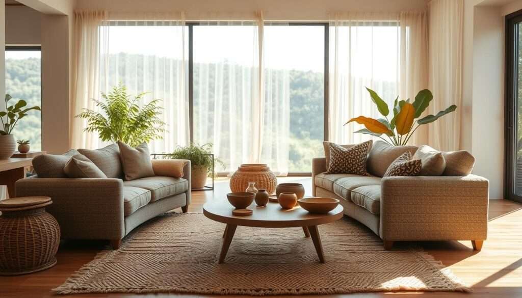 A spacious, sun-drenched living room with a cozy, inviting atmosphere. In the foreground, a plush, overstuffed sofa upholstered in a textured, natural fabric, complemented by earthy-toned accent pillows. On the coffee table, a collection of handcrafted wooden bowls and ceramics. The middle ground features a woven area rug, its intricate patterns echoing the organic textures throughout the space. In the background, a large picture window frames a lush, verdant landscape, blurring the line between indoor and outdoor living. Soft, diffused lighting filters through sheer curtains, casting a warm, soothing glow over the entire scene. An embodiment of sustainable living, where natural materials and textures create a harmonious, serene environment.