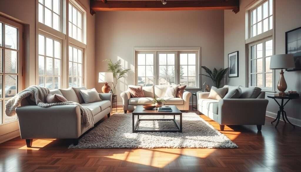 A spacious, sun-drenched living room with natural light streaming through large windows, casting a warm, golden glow over the cozy furniture arrangement. The room features a plush, neutral-toned sofa, complemented by a pair of cozy armchairs and a stylish coffee table. Soft textures like knitted throws and velvet pillows add to the inviting ambiance. The hardwood floors are accented by a lush, textured area rug, tying the space together. Sunlight filters in, creating a serene, calming atmosphere, perfect for relaxation and conversation. The overall scene evokes a sense of comfort and tranquility, setting the mood for a cozy color palette.