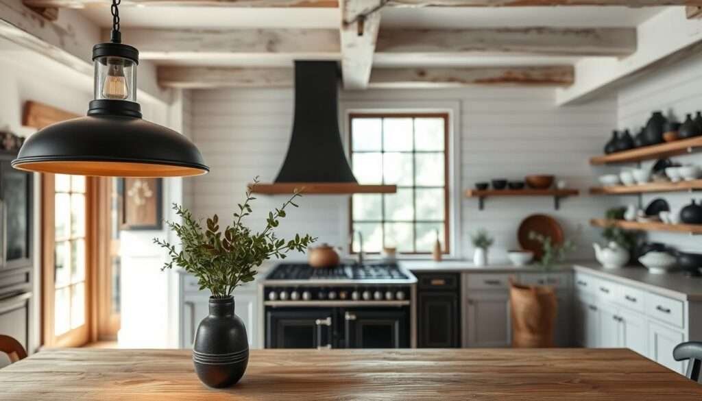 A spacious, well-lit Boho Farmhouse kitchen filled with rustic textures and elegant black accents. In the foreground, a sleek black metal and glass pendant lamp casts a warm glow over a natural wood table, adorned with simple black ceramic vases holding lush greenery. In the middle ground, a striking black cast-iron range stands as the centerpiece, flanked by open shelves displaying a curated collection of black and white pottery. The background features exposed beams, whitewashed shiplap walls, and a large window allowing natural light to flood the space, creating a serene, inviting atmosphere.
