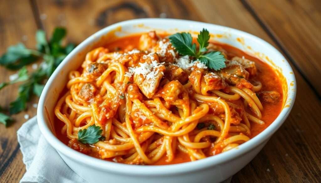 A spicy, savory chicken spaghetti casserole, its vibrant orange-red sauce glistening under warm, natural lighting. Tender shredded chicken and al dente spaghetti noodles are enveloped in a creamy, zesty tomato-based sauce, infused with aromatic spices and a hint of heat. The casserole dish sits on a rustic wooden table, surrounded by fresh herbs and a light scattering of grated Parmesan. The scene evokes a cozy, homey atmosphere, capturing the comforting essence of this Southern-inspired dish. The camera angle highlights the layered textures and vibrant colors, inviting the viewer to imagine the rich, flavorful experience of this spicy chicken spaghetti casserole.