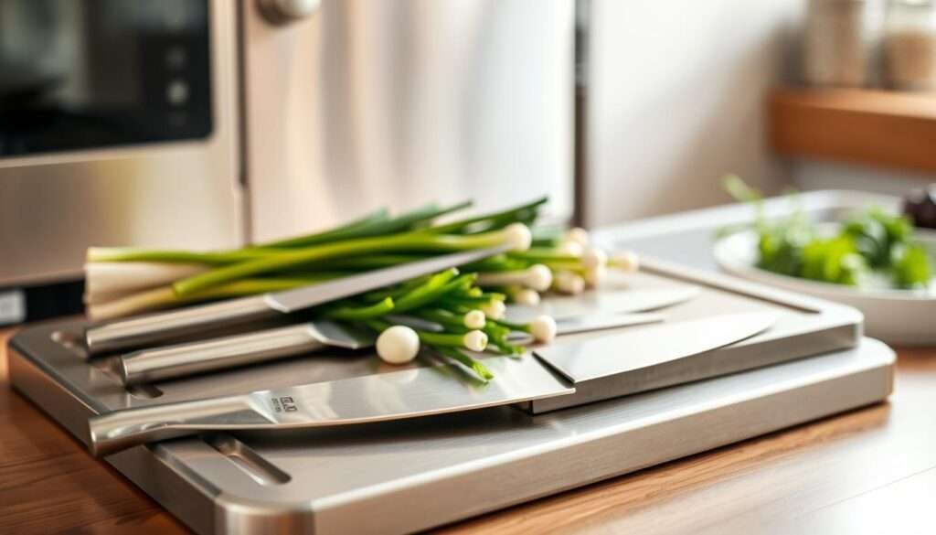 A stainless steel cutting board takes center stage, its surface polished to a gleam. Atop it, an array of gleaming chef's knives, their blades sharp and reflective. Alongside, a bundle of fresh scallions, their green stalks vibrant and crisp. In the background, a sleek, modern kitchen appliance, its brushed metal exterior hinting at the precision it holds. Soft, natural lighting filters in from an unseen window, casting a warm, inviting glow over the scene. The overall mood is one of culinary focus, efficiency, and the anticipation of a delicious meal to come.