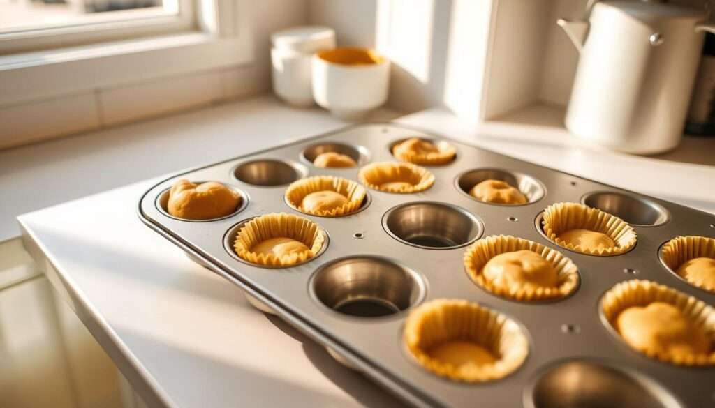 A stainless steel muffin tin, its cavities gleaming with a metallic sheen, sits atop a clean, white countertop. The tin is filled with perfectly rounded, golden-brown muffin cups, their crisp edges casting soft shadows. Warm, natural lighting from a nearby window bathes the scene in a cozy glow, highlighting the delicate texture of the muffin cups. The overall composition conveys a sense of domestic comfort and the promise of freshly baked treats, perfectly suited for crafting homemade cheesecake tacos.