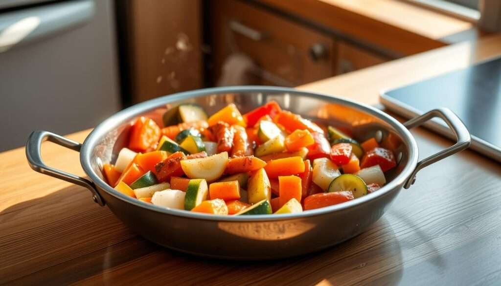 A stainless steel one-pan resting on a wooden kitchen counter, bathed in warm, natural lighting. The pan is filled with a hearty, colorful assortment of fresh vegetables - vibrant carrots, zucchini, peppers, and onions - sizzling in a light olive oil glaze. The composition is clean and uncluttered, emphasizing the simplicity and ease of a one-pan meal. Subtle reflections dance across the pan's surface, hinting at the satisfying flavors waiting to be discovered. The overall mood is one of effortless, wholesome culinary delight, perfectly capturing the spirit of a quick, nourishing family dinner.