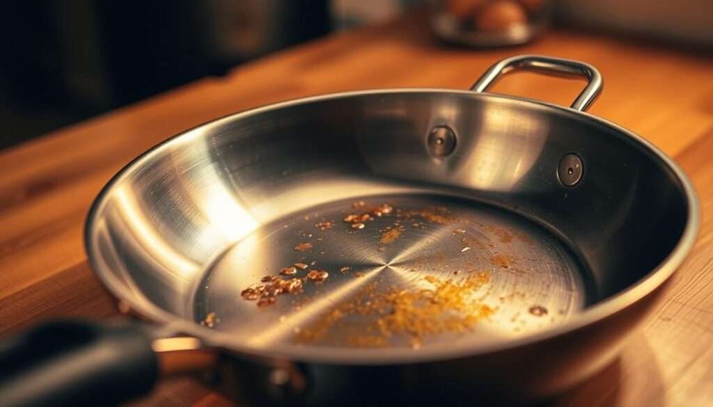 A stainless steel skillet resting on a wooden kitchen counter, its smooth, reflective surface catching the warm glow of a soft, indirect light. The pan is empty, ready to be filled with sizzling ingredients for a delectable dish. The angle is slightly elevated, allowing for a clear, unobstructed view of the skillet's sturdy construction and elegant design. The scene radiates a sense of culinary preparation, hinting at the delicious meal to come.