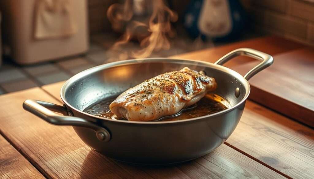 A stainless steel skillet sitting on a wooden kitchen counter, steam rising from its surface as a sizzling chicken breast sears in the pan. Warm, golden lighting casts a cozy glow, highlighting the skillet's polished exterior. The scene exudes the comforting aroma of herbs and spices, inviting the viewer to imagine the delicious, quick-and-easy meal being prepared. The skillet is the central focus, its sleek, utilitarian design complementing the rustic, natural background. This is a simple, yet elegant, one-pan wonder - the kind of effortless, nourishing dish that embodies the spirit of the "Skillet and One-Pan Wonders" section.