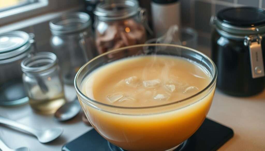 A steaming bowl of fragrant broth on a kitchen counter, surrounded by glass containers and measuring spoons. The broth has a rich, creamy hue, with a few wisps of steam rising from the surface. The lighting is soft and warm, creating a cozy, comforting atmosphere. The background is slightly blurred, allowing the broth to take center stage. The image conveys the idea of carefully reheating a stored meal, ready to be enjoyed as part of a satisfying and nourishing dish.