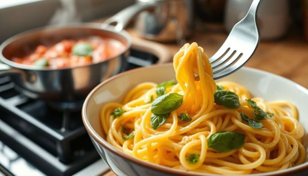 A steaming bowl of freshly cooked pasta, glistening with a light coating of olive oil and scattered with fresh basil leaves. The pasta is perfectly al dente, with strands of spaghetti or linguine twirling around a fork. In the background, a simple tomato-based sauce simmers on the stove, its aroma filling the cozy kitchen. Soft, natural lighting illuminates the scene, casting a warm, inviting glow. The overall mood is one of simplicity, comfort, and the effortless pleasure of a homemade pasta dish that practically cooks itself.
