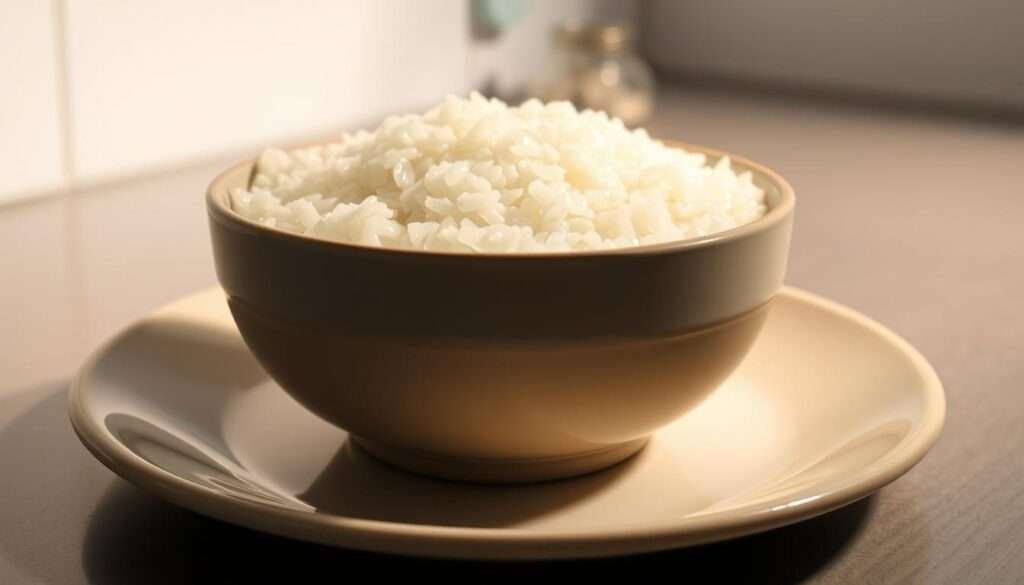 A steaming bowl of freshly reheated white rice, its grains glistening with droplets of moisture under warm, diffused lighting. The rice sits atop a simple ceramic plate, its surface reflecting the soft illumination. In the background, a clean, minimalist kitchen counter provides a neutral backdrop, allowing the rice to be the focal point. The scene conveys a sense of homely comfort and efficiency, perfectly suited to illustrate instructions for storage and reheating in a Korean Ground Beef Bowl recipe.